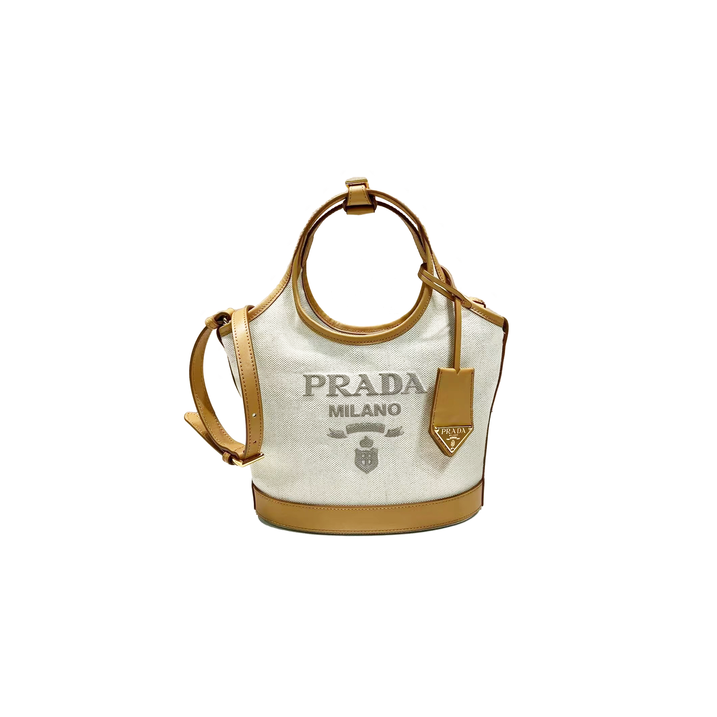 PRADA SMALL LINEN BLEND AND LEATHER TOTE BAG 1BG974 (21*18*9cm)